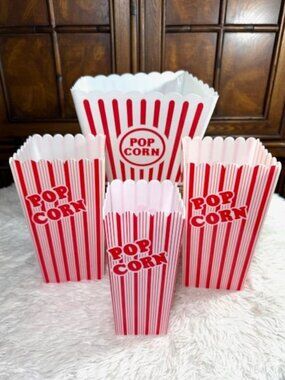Set of 4 Red White Stripe Retro Plastic Popcorn Reusable Bucket Tubs